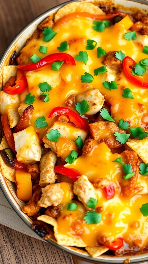 A baked chicken fajita casserole with bell peppers and cheese, garnished with cilantro.